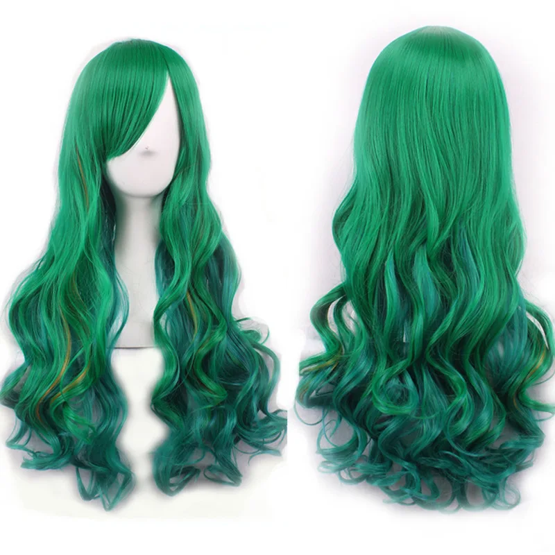 

Green chemical fiber high temperature silk color cos head cover curly oblique bangs wig big wave