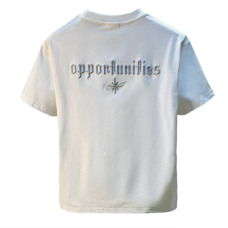 Summer high-end embroidered T-shirt men's trendy loose and comfortable elastic short sleeved top casual versatile men's clothing