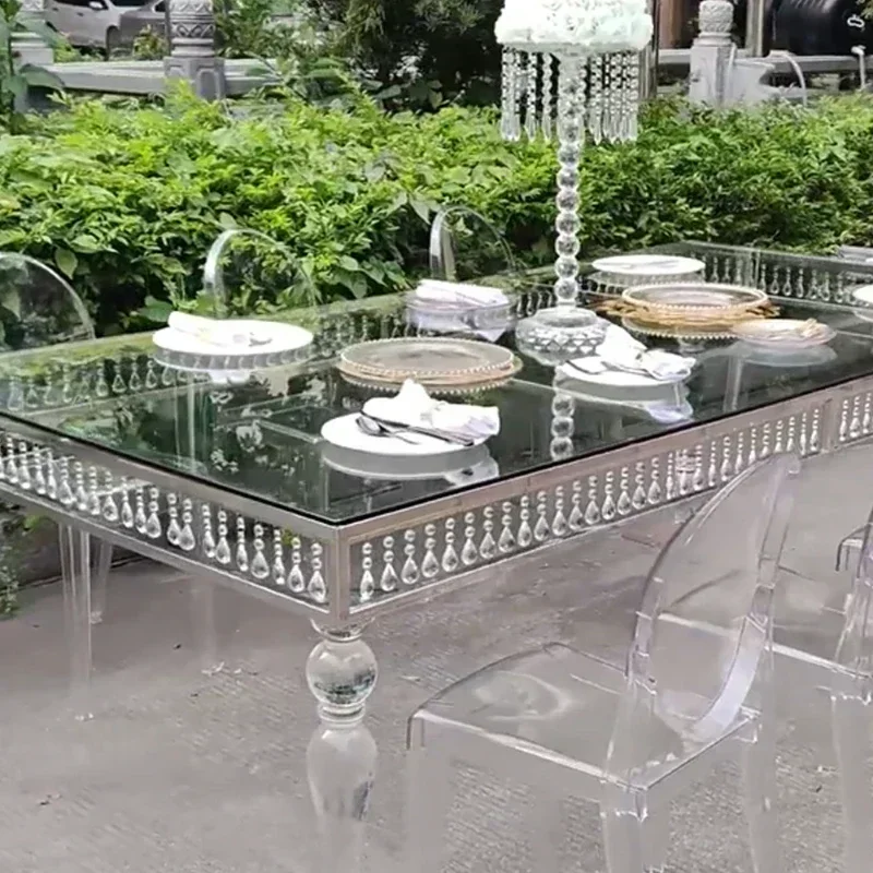 

Hotel wedding reception stainless steel dining table outdoor fashion transparent acrylic accent table Hot sales