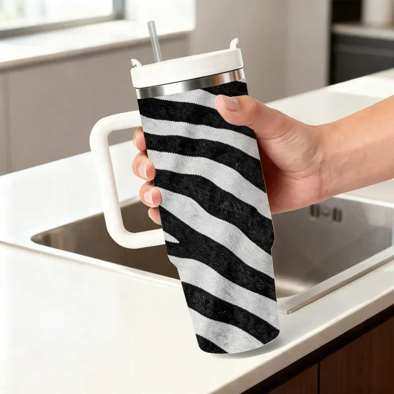 Stainless Steel Insulated Tumbler with 40Oz Capacity, Digitally Printed Zebra Black And White Striped Pattern, Reusable Thermal Cup for Keeping Drinks Hot Or Cold, Ideal for Daily Commute, Office Use And Outdoor Activities