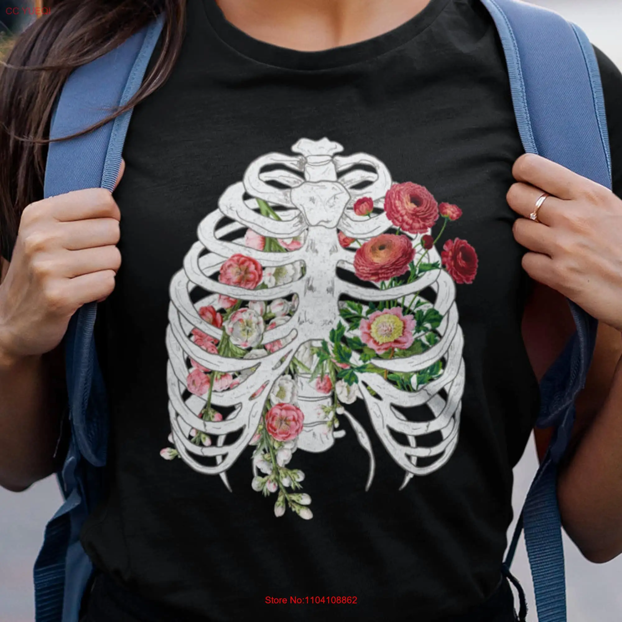 Skeleton Flower T Shirt Halloween Ribcage Spooky Witchy Woman Bohemian Aesthetic long or short sleeves