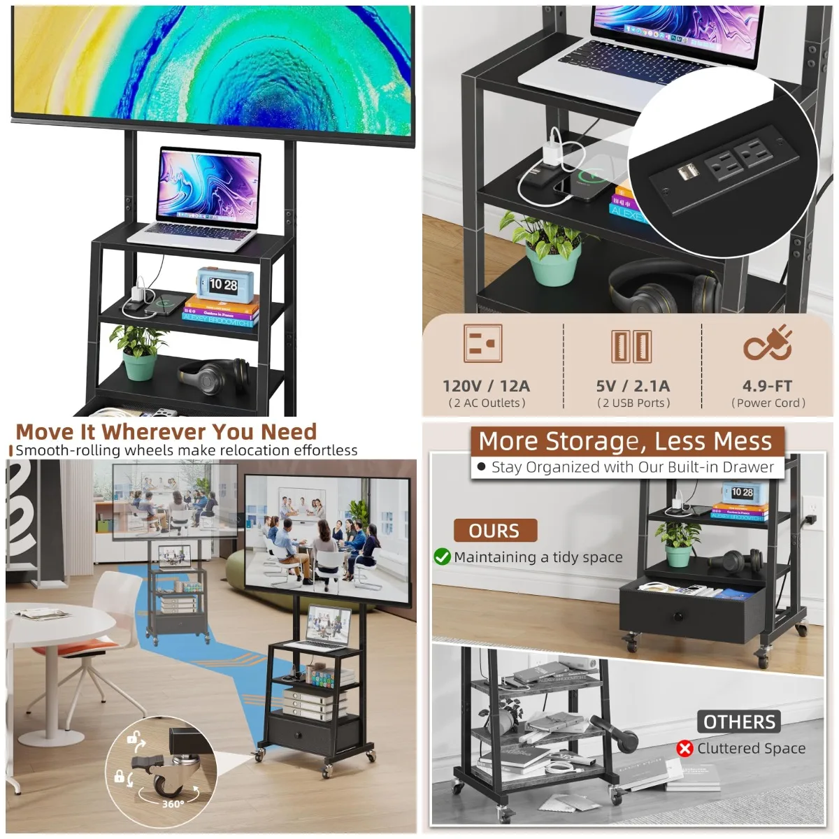 

Rolling TV Stand with Wheels, Mount & Fabric Drawer - Black, 15' TV Stand for Bedroom, Living Room