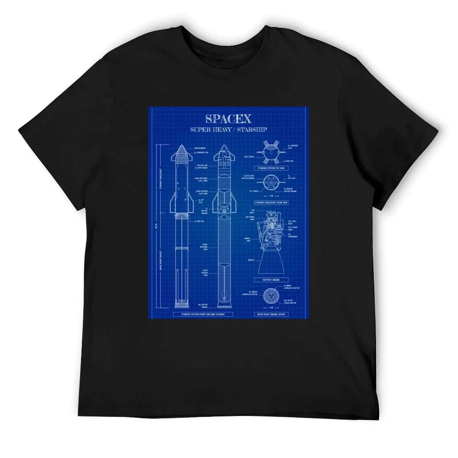 SpaceX: Super Heavy / Starship (Vertical Blueprint) T-Shirt anime clothes cotton graphic tees mens designer t shirt