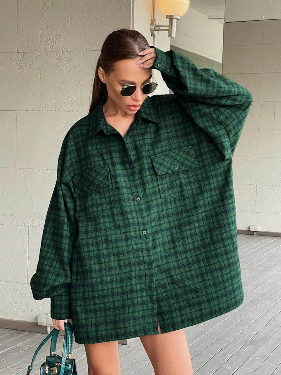 

American Retro Plaid Loose Women's irt Long Sve Turn-down Collar oulder-azing Sves Commute Sle Ladies' Faion