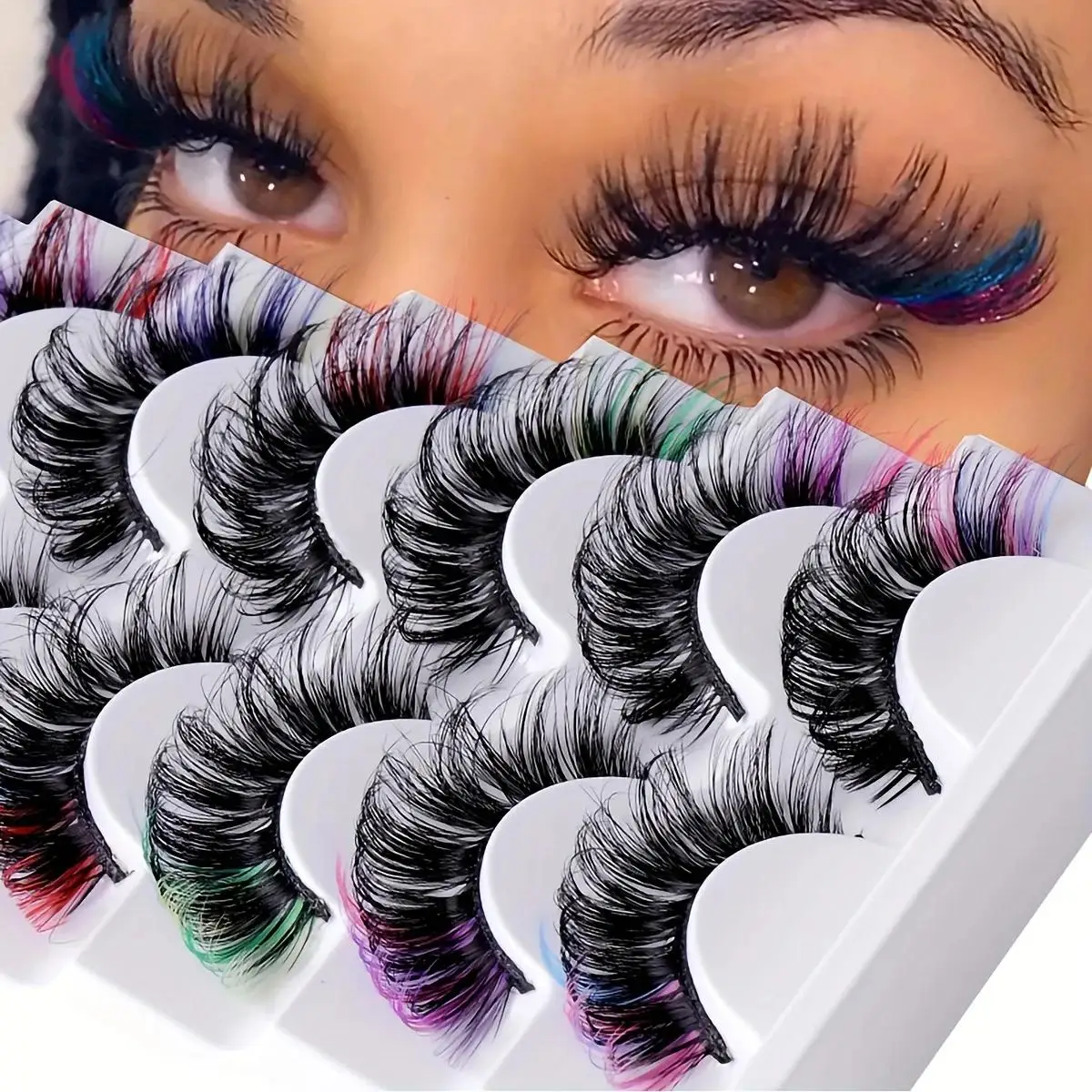 Bühnen- und Kamera-taugliche farbige Nerzwimpern, 7 Paar, DD-Curl, russisch, dick, flauschig, leuchtende Farben – Detail 1