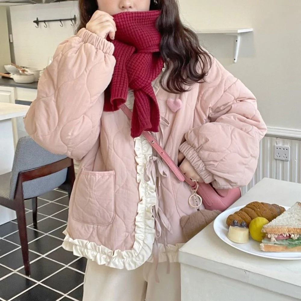 Sweet Ruffled Pink Y2k Trendy Lolita Parkas Japanese Lace-up Kawaii Cotton Jacket Women Winter Plush Warm Vintage Casual Outwear