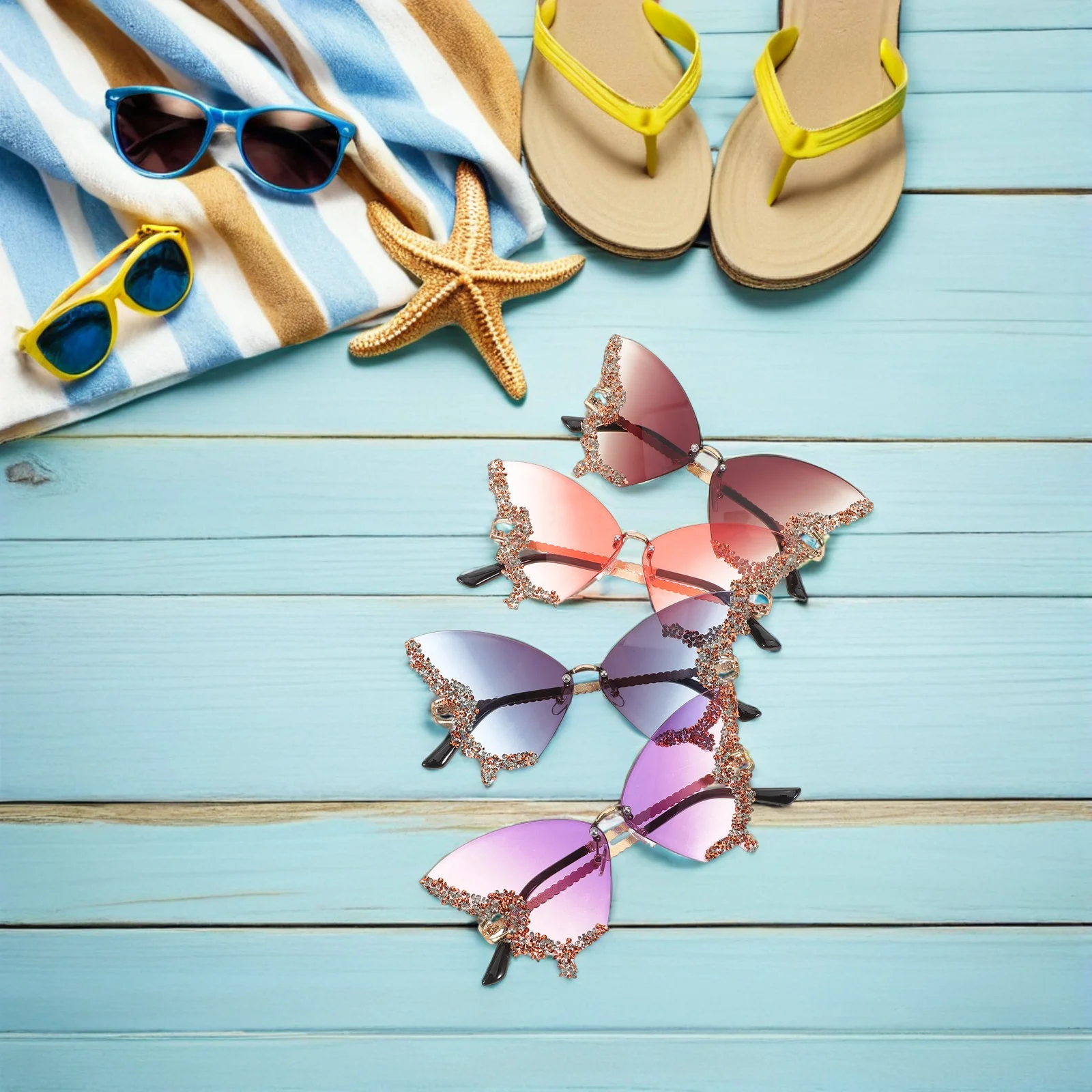 

4Pcs Vintage Rimless Butterfly Sunglasses Women's Rhinestone Decorated Glittery Fashion Uv Blocking Lightweight Comfortable