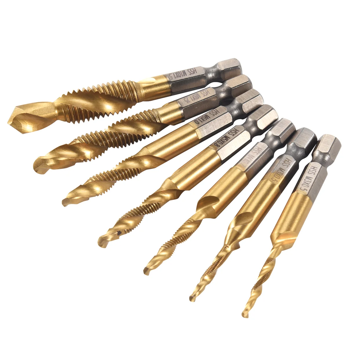 7Pcs 1/4Inch Hex Shank Titanium Combination Drill and Tap Set Metric Thread HSS M3-M10 Screw Tapping Bit Tool