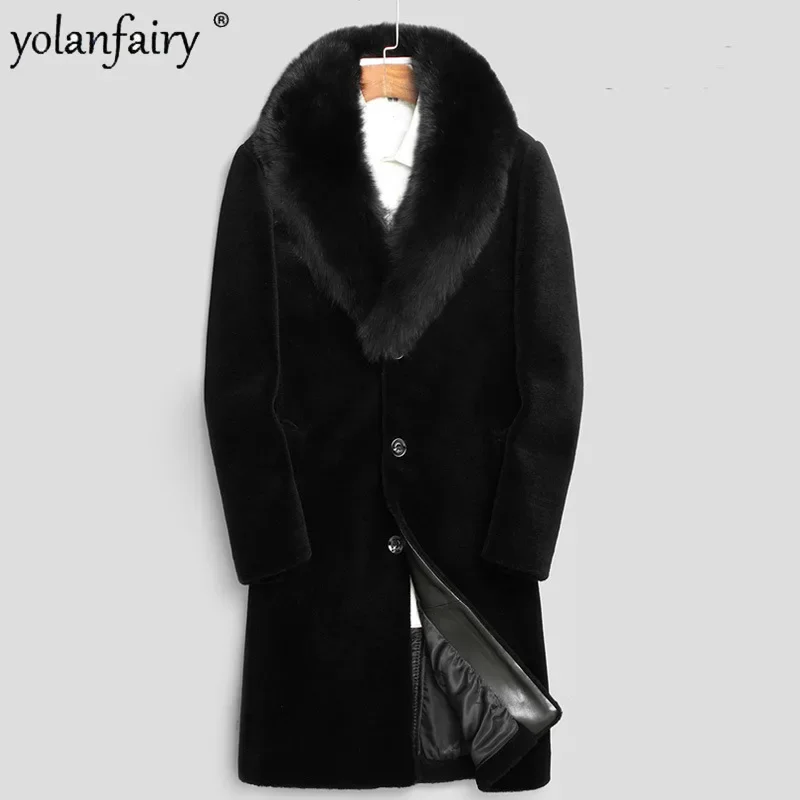 

New Real Fur Coat Men's Pure Wool Fur Jacket Men Medium Long Coat Fox Fur Collar Fur Clothing Male Clothes Thick Tops FCY5068