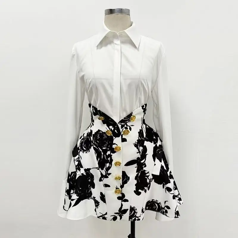 

Fashion tulip waistline rose flower metal button printed mini skirt/half-length skirt
