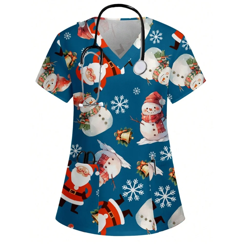 New Year 2026 Festival Short Sleeve Clinical Uniforms Women's Casual Minimalist All-Over Christmas Print Nurse Scrub Uniform Top