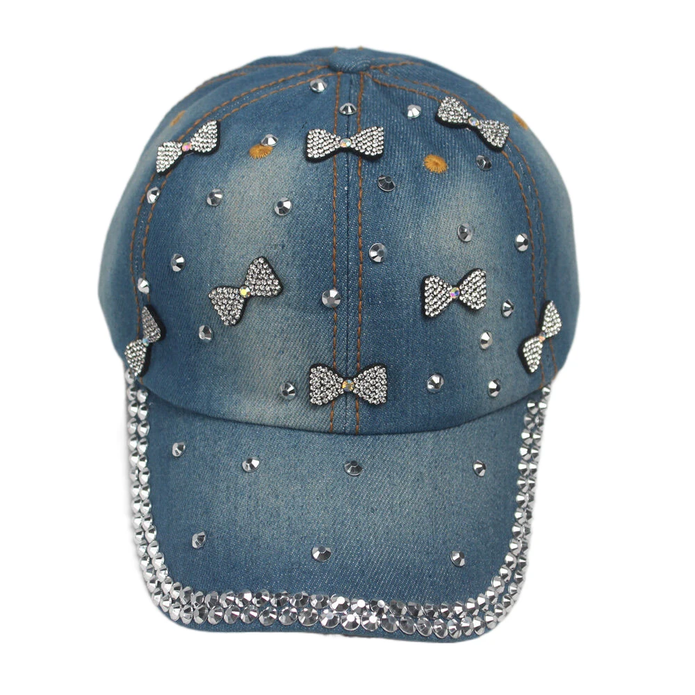 Fashion Women Baseball Cap Bling Stars Rhinestone Denim Cap Adjustable Strap Jean Snapback Hat Distressed Brim