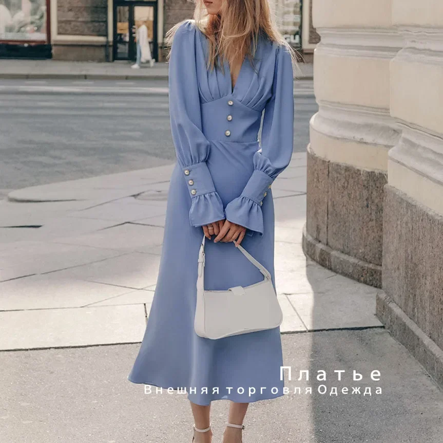 

Autumn European And American Fashion Design V-neck Slim Women's French Chiffon A-Line Skirt Fashion Commuting Dress
