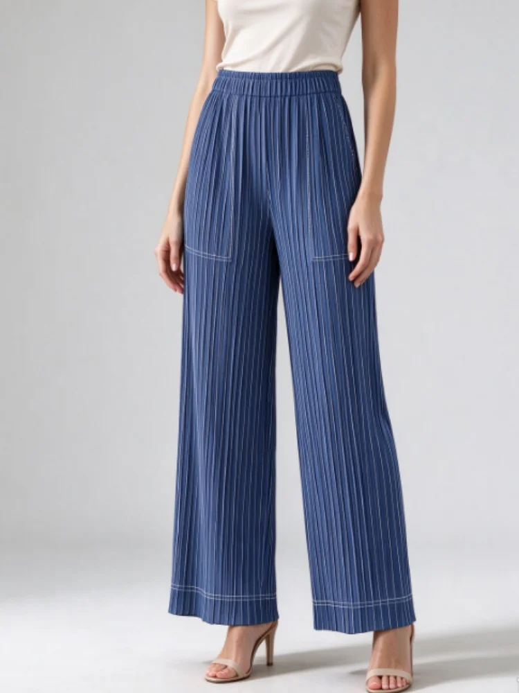 Miyake Women Fine Vertical Pleated Wide Leg Pants, High Waist Loose Trousers, Casual Flowy Palazzo Pants