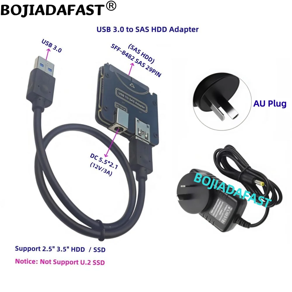 USB 3.0 Type-A to SFF-8482 SAS 29Pin HDD Adapter Converter Card With 12V/3A DC Power Adapter For 2.5" 3.5" Hard Disk Drive