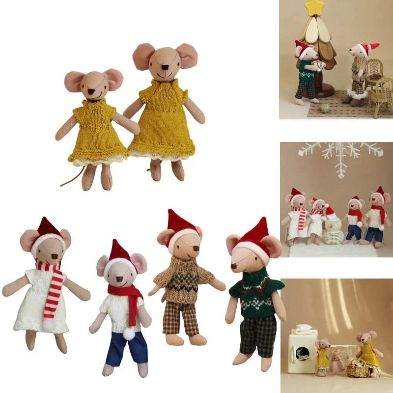 Cute Handmade Cotton Linen Mice Family Toys for Dollhouse Mini Mouse Cloth Doll Pocket Plushies Collection Xmas New Year Gift