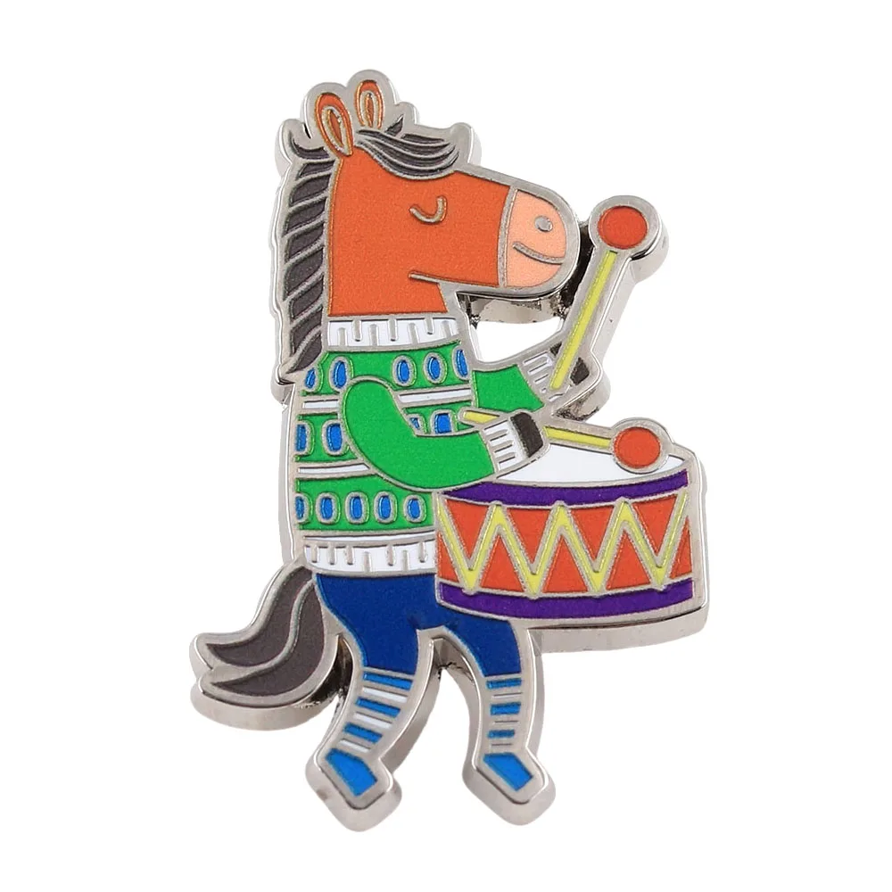 Niedliche Pferd-Schlagzeuger-Emaille-Pins Kreative Musikalische Pony-Broschen mit Trommel Lustige Cartoon-Tier-Abzeichen Rucksack-Anstecknadel Schmuck Geschenk – Detail 1