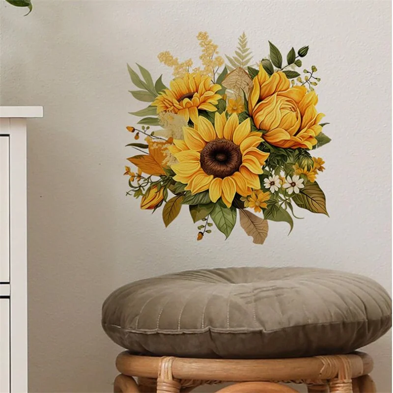 Self-Adhesive Colored Yellow Sunflowers Flowers Wall Stickers For Bedroom Living Room Cabinet Beautification Decoration Wholesal