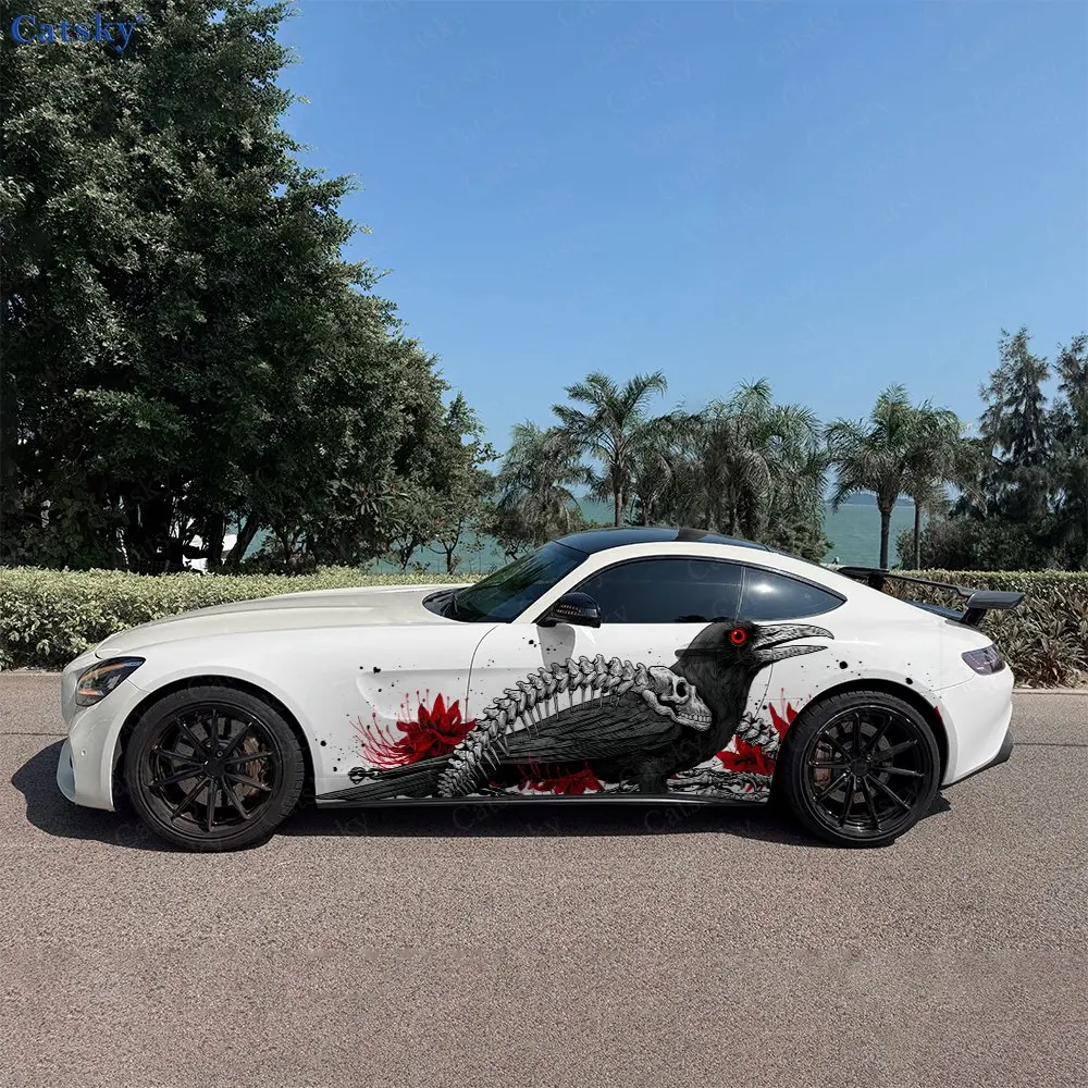 2pcs Snake Bone Raven Red Flower, Durable, Fade-resistant, Enhance Vehicle Aesthetics With Bold Artistic Design Car Vinyl Wraps