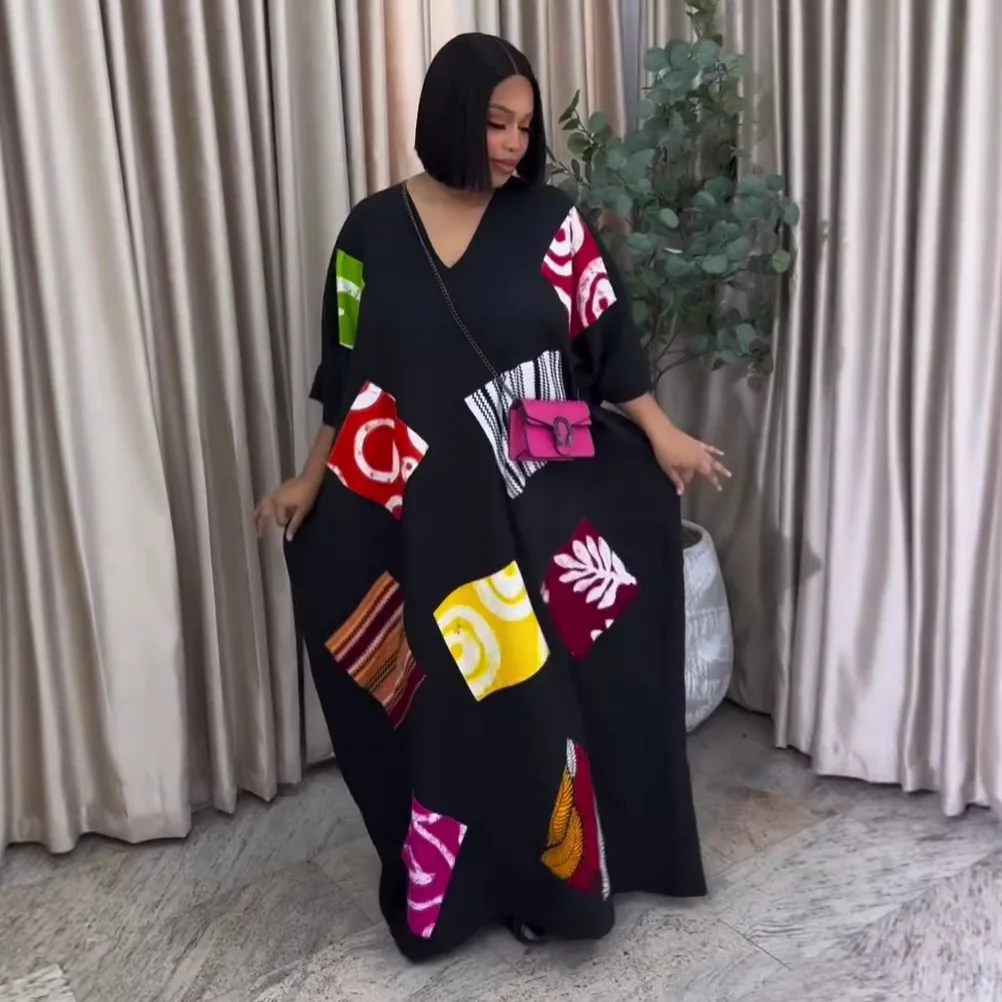 Trend Printed Loose-fitting Dress, Perfect. For A Vacation Look, With A To Moderate And Stiglich Vibe, Plus-size, V-neck And Lon