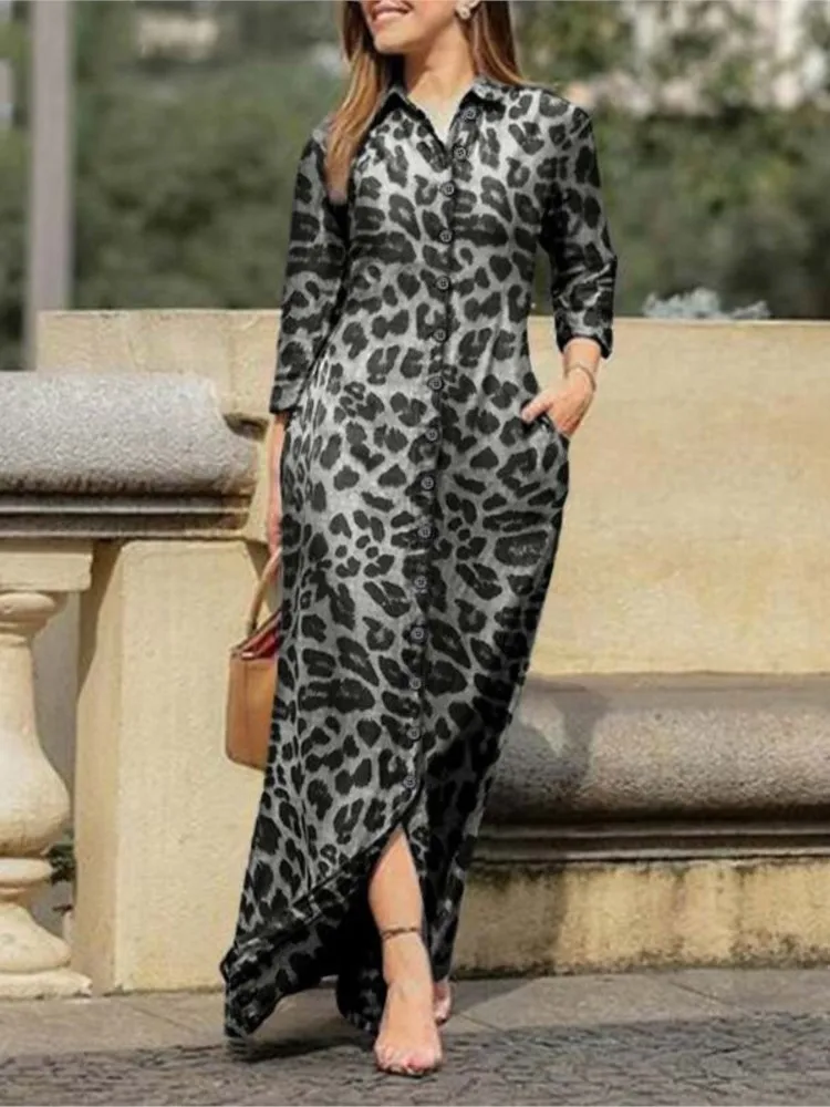 Primavera autunno stampa leopardo abiti lunghi per le donne monopetto bottone risvolto manica lunga Casual vacanza camicia vestito abiti