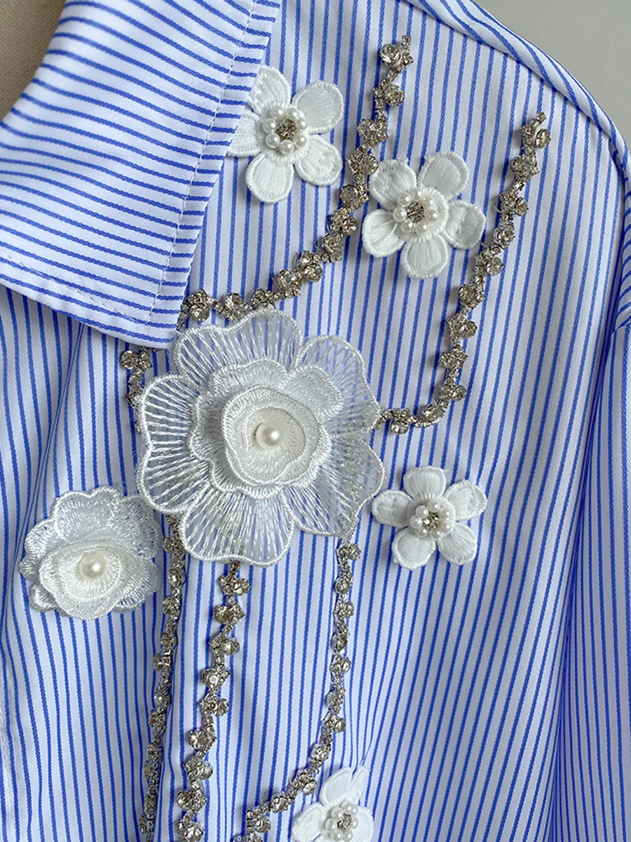 CHICEVER Striped Print Spliced Appliques Women's Blouses Laplel Long Sleeve Patchwork Single Breasted Chic Shirts Female Autumn