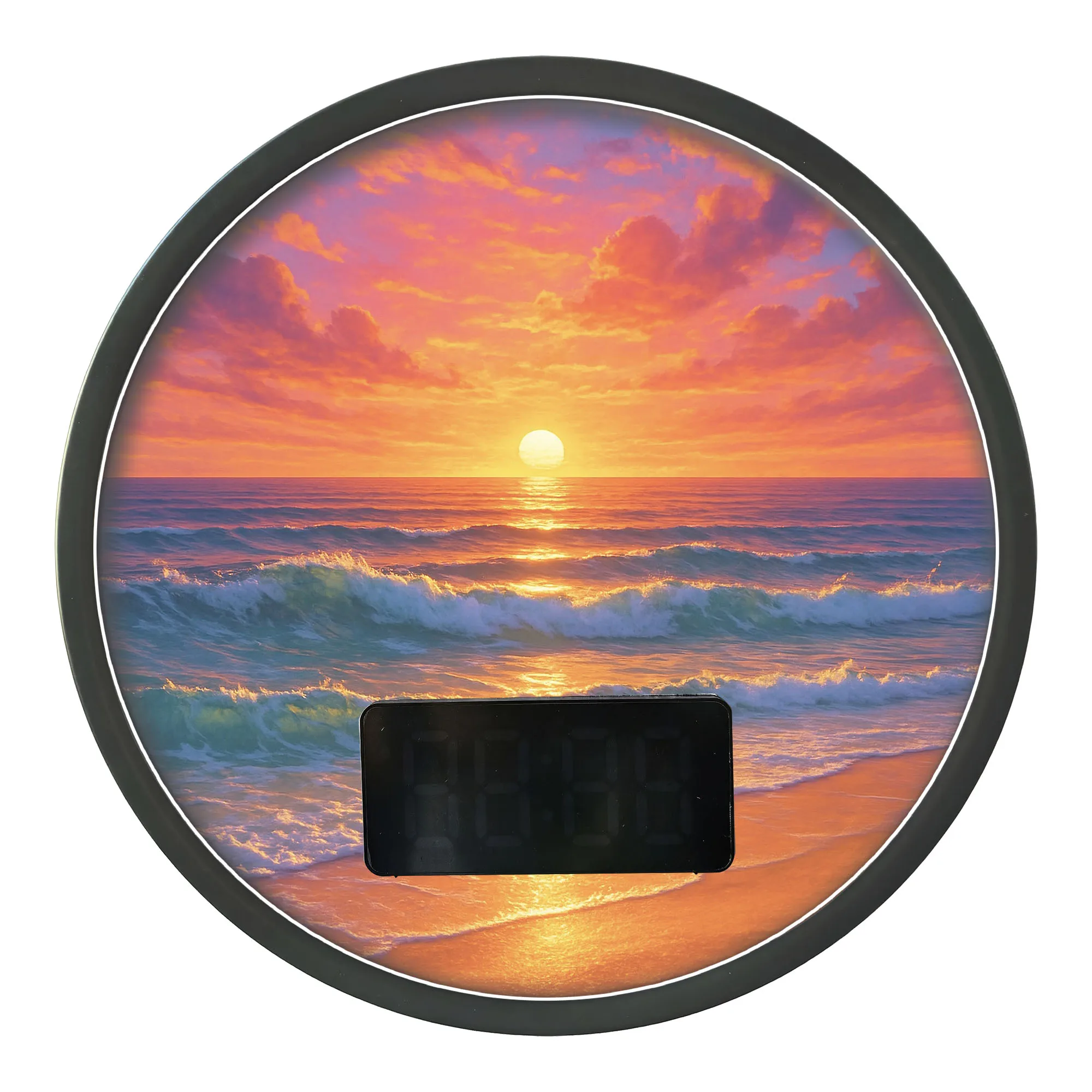 Ocean Sunset Beach Waves Digital Wall Clock with Temperature Calendar Date Seaside House Decor LED Rim Night Light Wall Clock