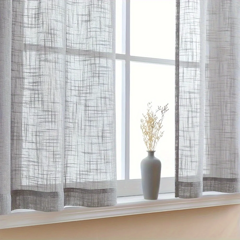 2PCS Through-shaft Type Linen Textured Kitchen Short Curtain Light Filtering Solid Color Short Sheer Curtains Semi Transparent
