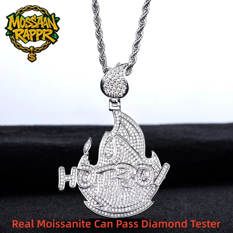 MossanRappr 2.1cttw Moissanite Iced Out Hot Boy Flame Pendant 14K Gold Plated Punk Hip Hop Necklace Accessories for Men & Women