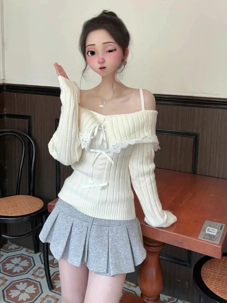 QWEEK Y2k Coquette Lace Sweater Women Kawaii Cute Off Shoulder Knitted Knit Pullovers 2024 Autumn Fashion Korean Kpop