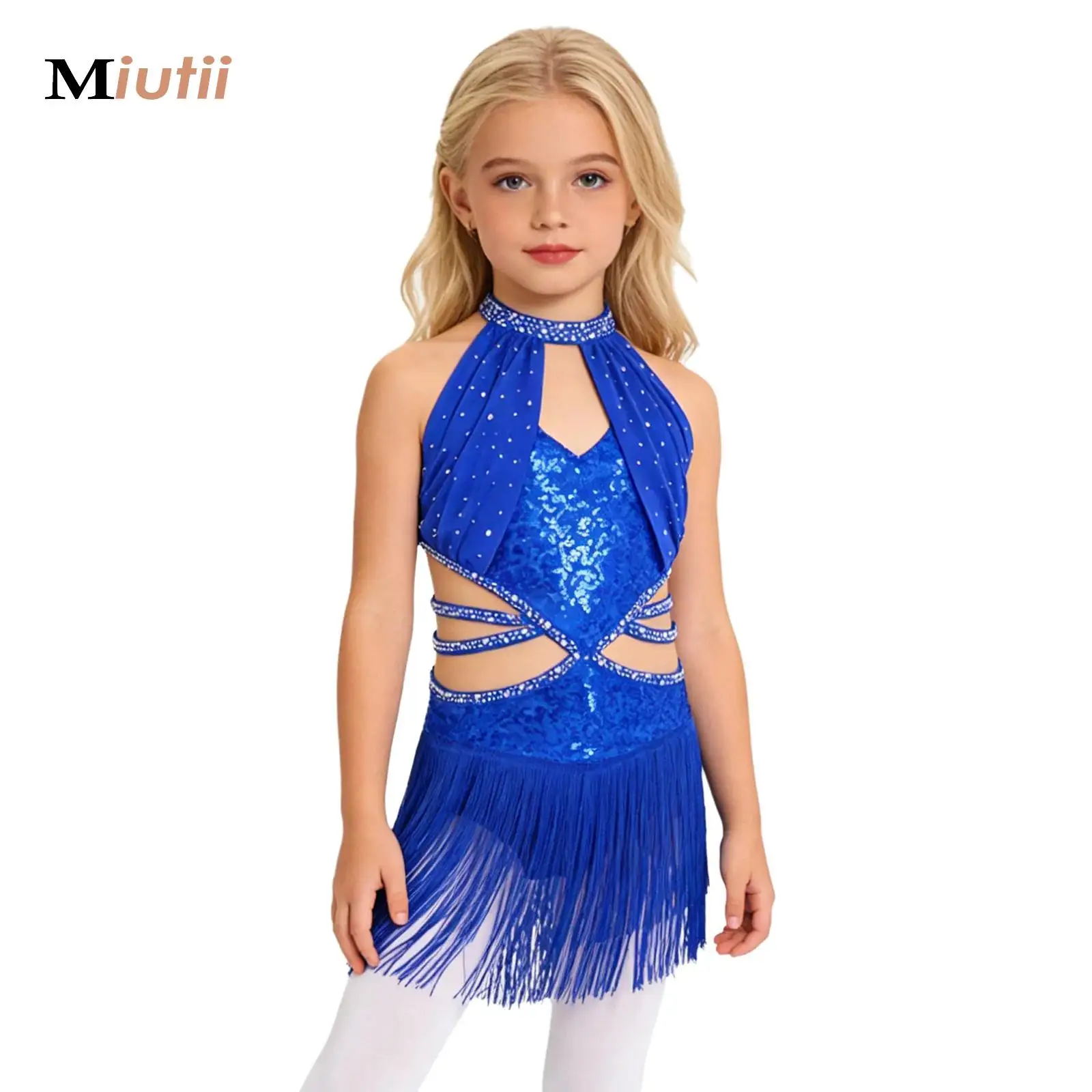 

Belly Dance Costumes Kids Girls Latin Dance Dress Sleeveless Ruched Mesh Overlay Bodice Cutout Strappy Waist Tassel Dress