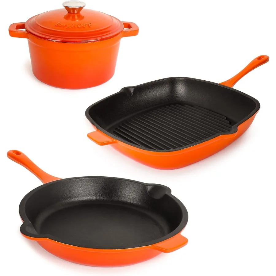 

Neo 4Pc Enameled Cast Iron Cookware Set Grill Pan 11 inches Fry Pan 10 inches 3qt. Dutch Oven Matching Lid Fast Evenly Heat Ove
