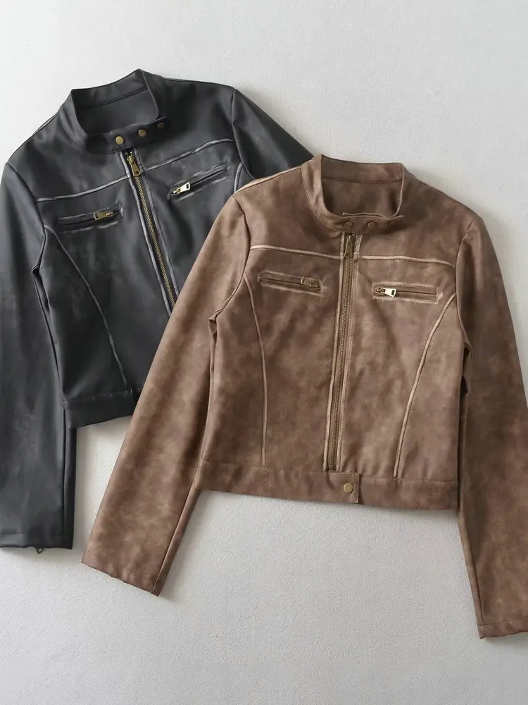 المرأة ريترو فو بولي Jacket سترة جلدية ، Vintage معاطف Bomber ، سليم صالح ، قصيرة ، سليم ، أسود ، سستة ، موتور السائق ، الخريف ، الشتاء ، السيدات ، جديد ، 2023