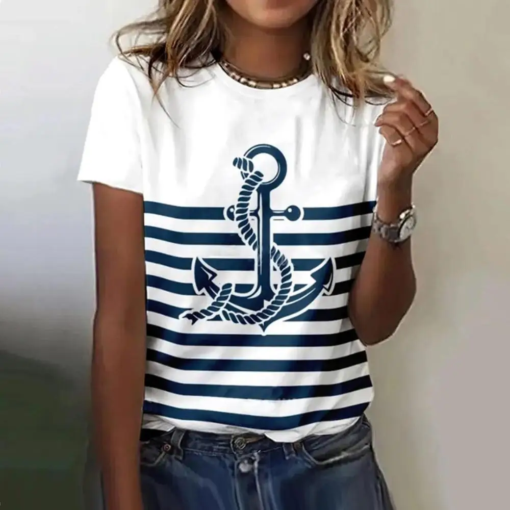 여름 보트 앵커 3D 프린트 여성 티셔츠 여성 캐주얼 반팔 티셔츠 패션 O넥 티셔츠 하라주쿠 탑 여성 의류