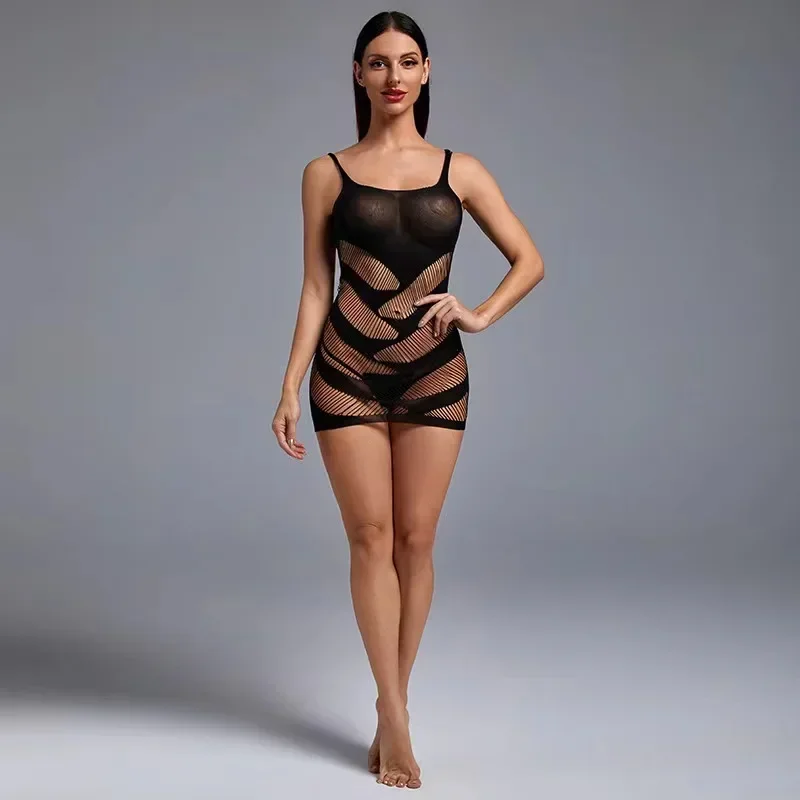 Zwart Sex Kostuum Vrouwen Transparante Mode Hol Halter Hals Strass Mini Vestido Sexys Kant Babydoll Visnet Mini Jurk