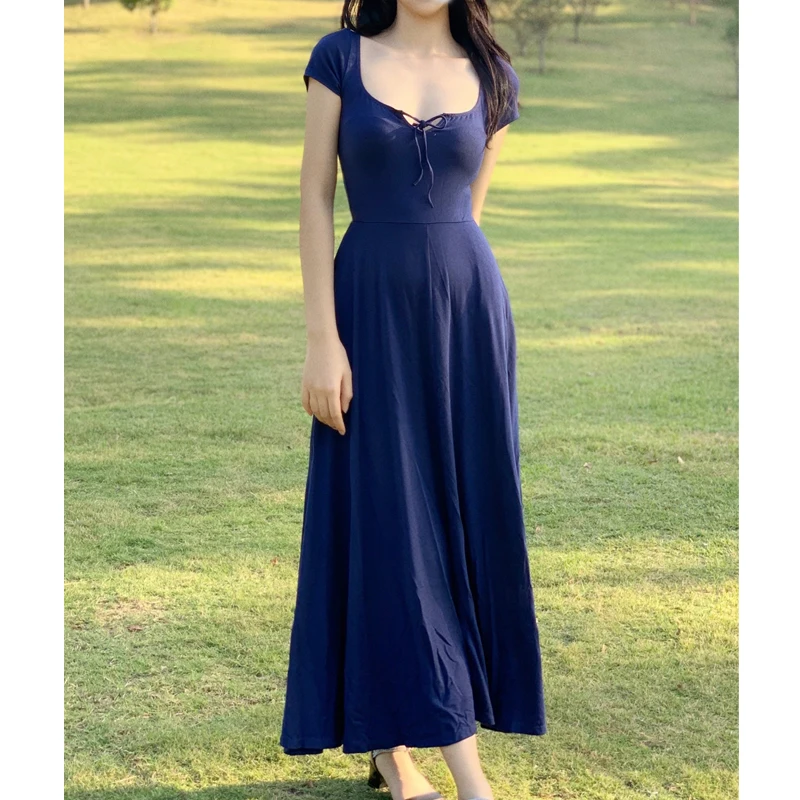 

Retro Dark Blue Lace-up Round Neck Long Thin Short-sleeved Elastic Intellectual Elegant and Comfortable Dress