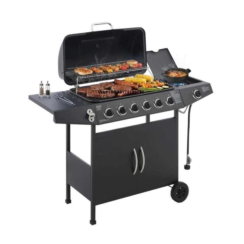 Overseas Stock 6 Burner BBQ Propane Gas Grill with Side Burner 59000 BTU Output Stainless Steel Barbecue Grill
