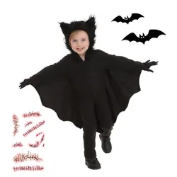 Halloween Scary Bat Cosplay Costume Set Kids Unisex Vampire Bat Costume, Jumpsuit  Send Horror Scar Patch and Black Gloves