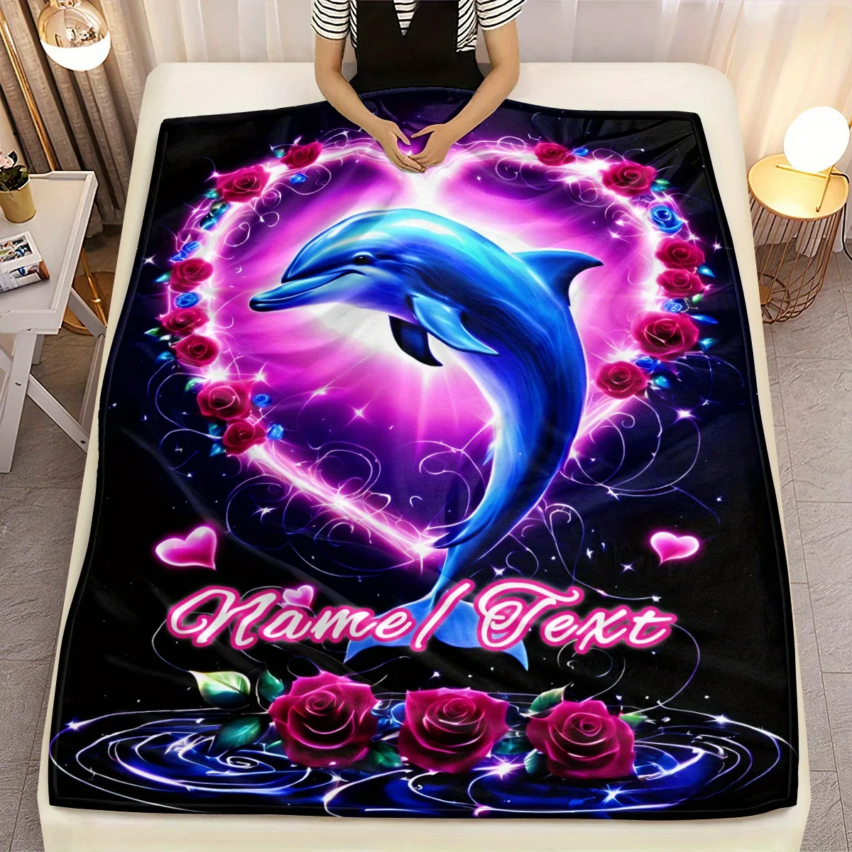 Personalized dolphin love blanket with soft flannel parabolic, pink rose and heart-shaped design, lightweight and warm,