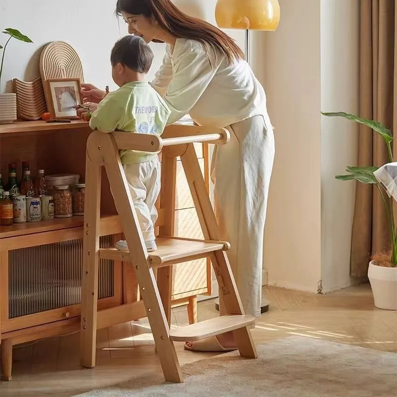 Tangga Tangga Kayu Anak-anak 3 Tinggi, Pelatih Toilet Lipat Bergaya Montessori, Menara Belajar Bangku Kaki Anti Selip Kayu Solid