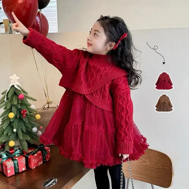 

Girls' Sweater Set 2025 Autumn/Winter Children's New Year Celebration Red Knitted Princess Skirt Ankora Red Two Piece Set