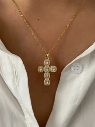 Peri'sbox Fashion Shiny Cubic Zirconia Metal Copper Cross Pendant Necklace for Women Stainless Steel Chain High Quality Jewelry
