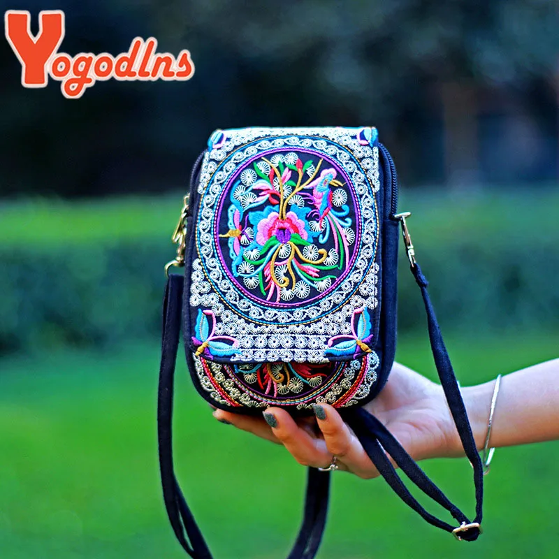 Yogodlns damska torba na ramię etui podróżne Vintage, w kwiaty haftowana torba Crossbody haftowana torba na telefon komórkowy mała torebka