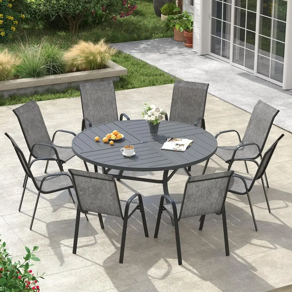 

8-Seat Outdoor Patio Dining Set with Metal Slatted Table and Stackable Chairs, Grey Fabric and Grey Tabletop