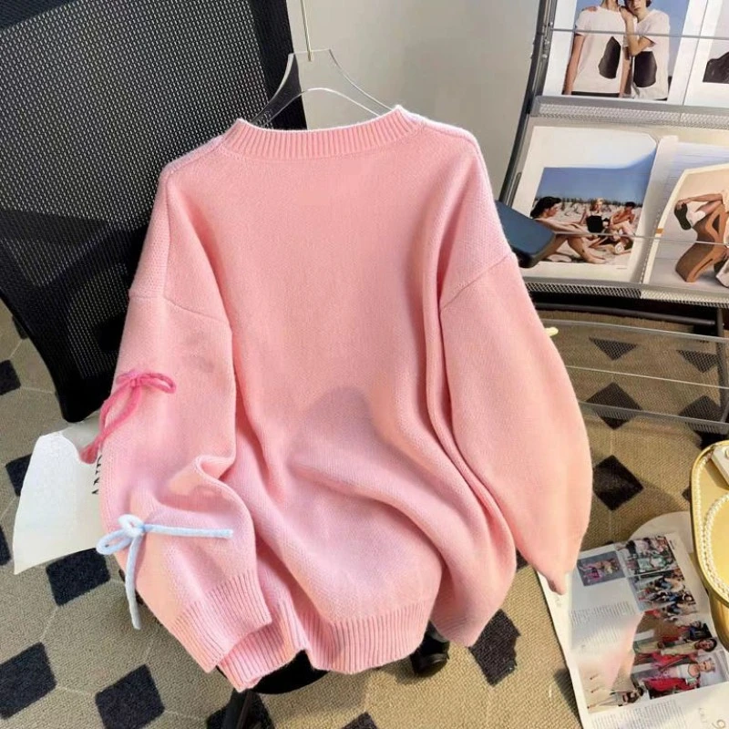 Oversized Sweet Sweaters Bow Patchwork Design Long Sleeve Autumn Winter Tops Pullover Loose Y2k Preppy Style Women Clothing 2023