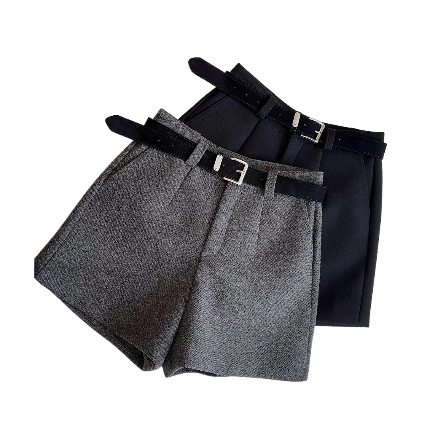 

Серые утолщенные шерстяные костюмные шорты, женские осенне-зимние 2026, теплые широкие брюки с высокой талией