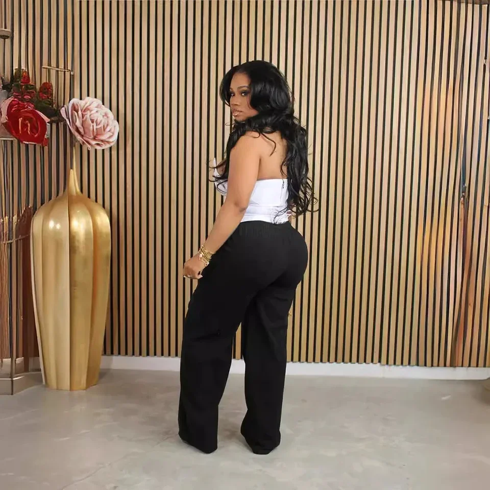 Women Fashion Pocket Side Straight Wide Leg Safari Style Pants Drawstring Summer Velvet Zipper Fly Cargo Trousers