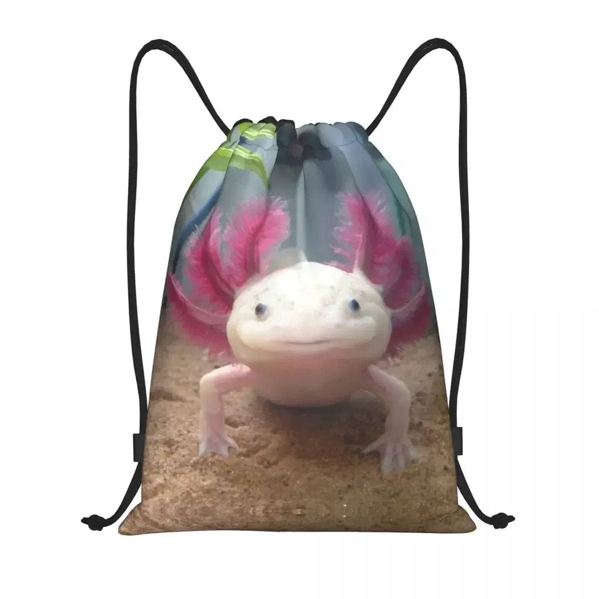 

Smiling Leucistic Axolotl Drawstring Bags Women Men Portable Sports Gym Sackpack Salamander Animal Shopping Backpacks