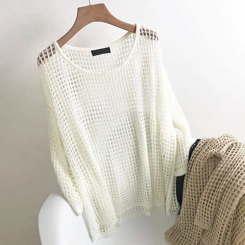 Summer Knit Mesh Sweaters Hollowed Out T-shirts Korean Long Bat Sleeve O-neck Tops Sunscreen Tees Off-white Mujer Women Pullover