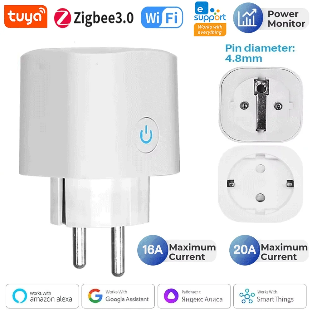Smart Plug WiFi or Zigbee Socket EU 16A/20A With Power Monitor Timing Function Tuya Smart Life APP Works With Alexa Google Home